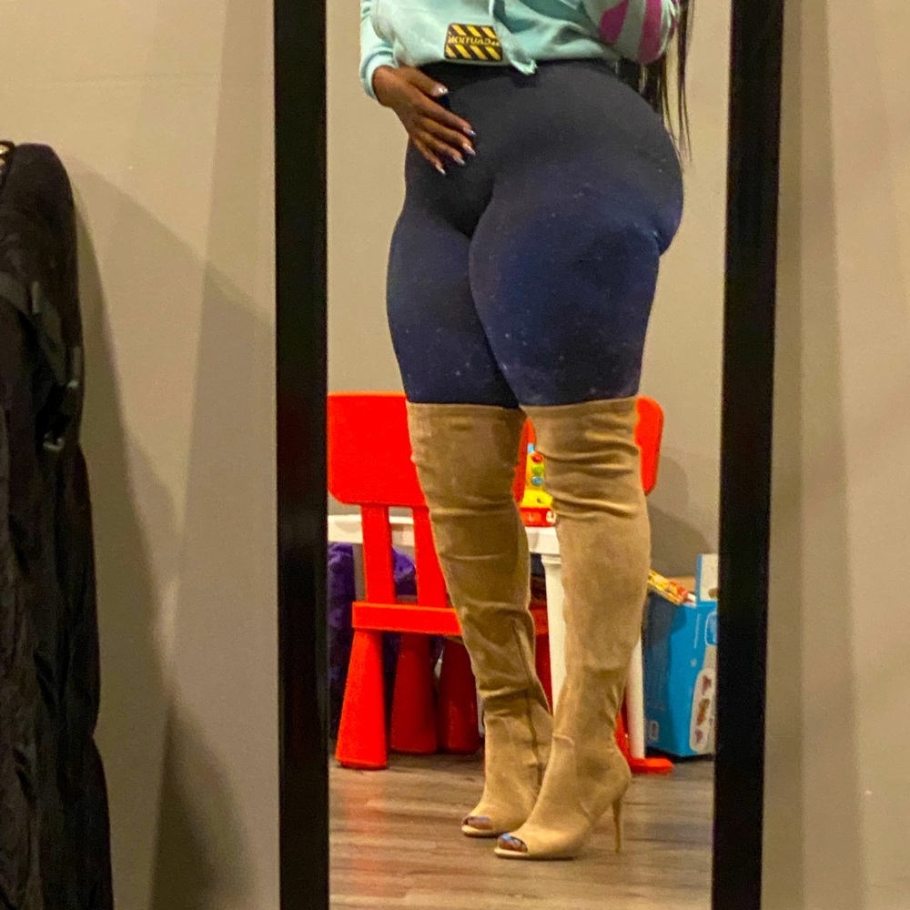 Nude Tan Over Knee High Heel Open Toe Stiletto Stretchy Thick Thighs Suede Boots